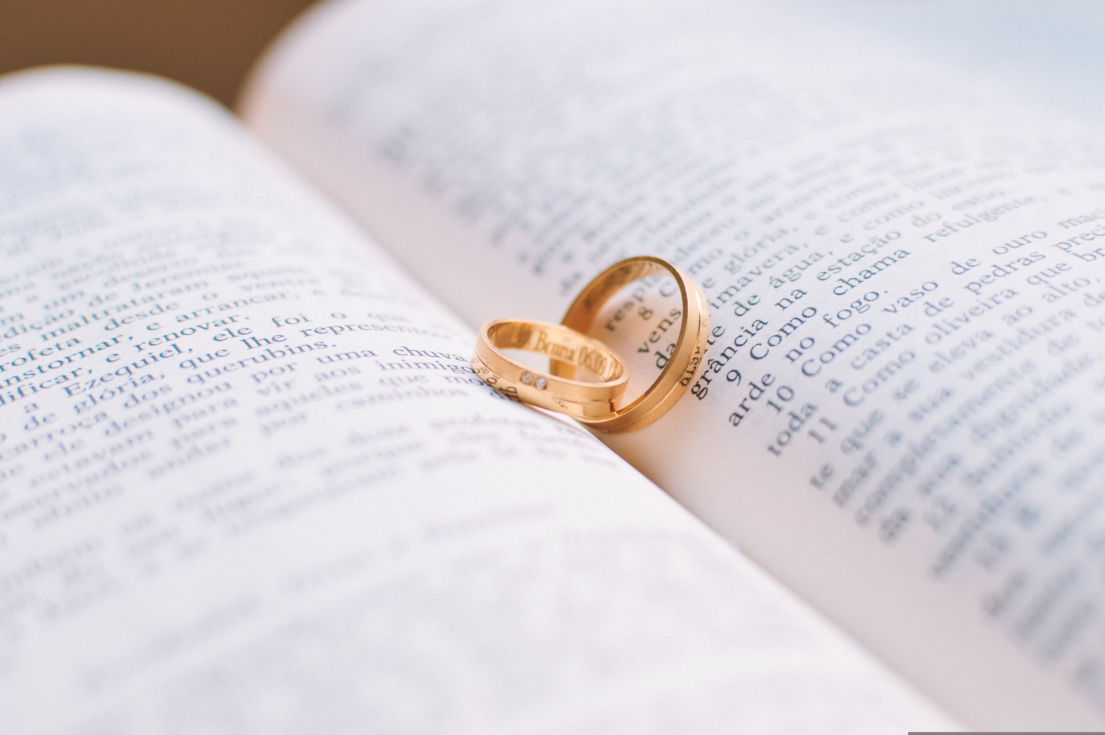 Gold wedding rings on open book