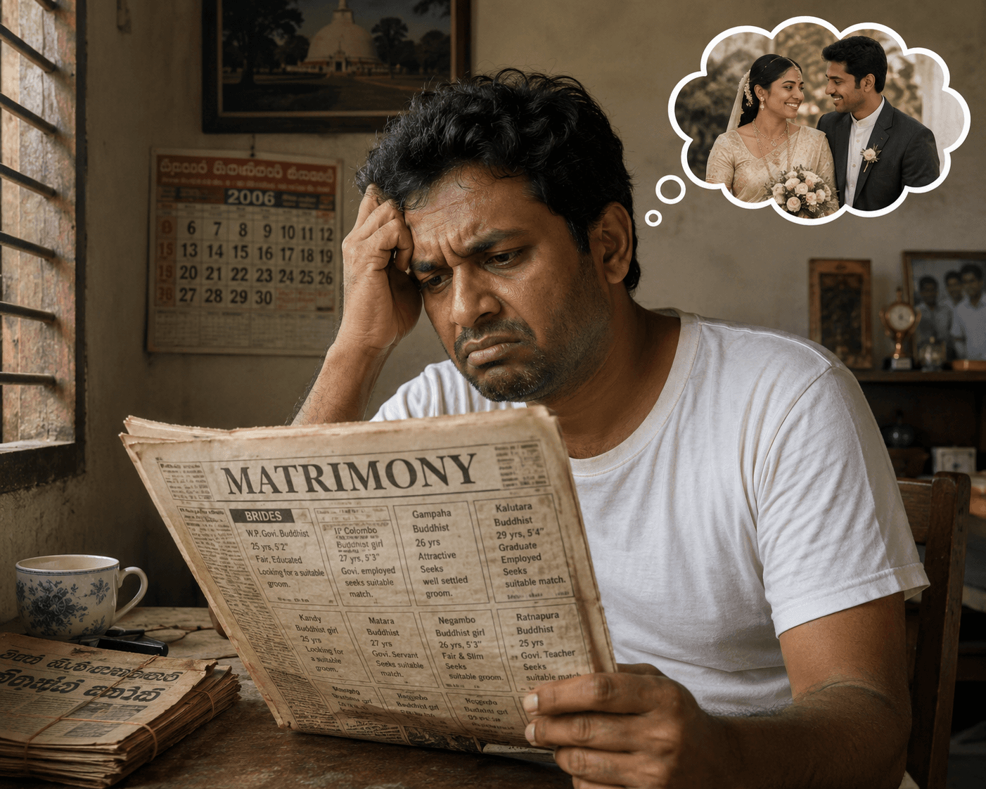 Man reading matrimony newspaper ads, overwhelmed by traditional partner search